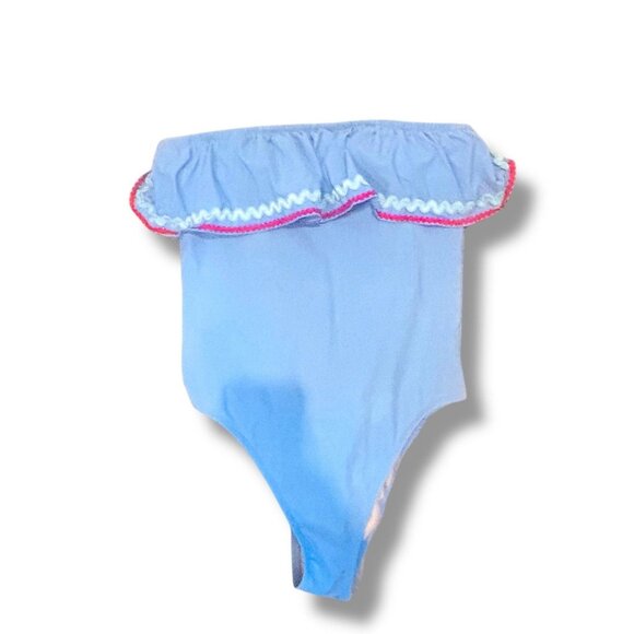 J.Crew Strapless Blue Ruffle One-Piece Swimsuit Womens Sz 8 Retro Nautical - Picture 1 of 10